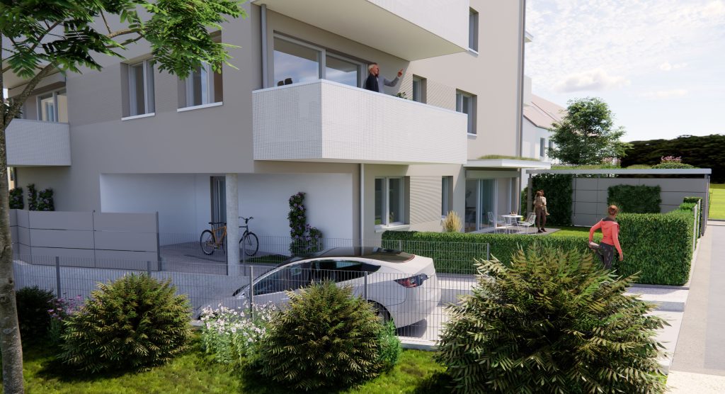 Ein modernes Mehrfamilienhaus mit beiger Fassade und weißen Balkonen. Davor fährt ein Auto in eine Tiefgarage.
