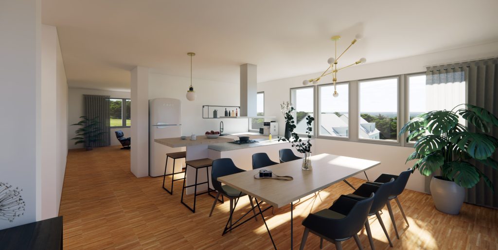 Visualisierung eines offenen Wohn- und Essbereiches, die mit einer halboffenen Küche voneinander abgegrenzt werden. Eine große Fensterfront lässt viel Licht in die Wohnung. In der Mitte des Raumes steht eine Kücheninsel mit Bar.
