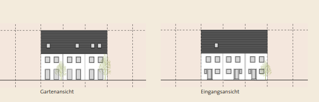 Garten- und Eingansansicht der Reihenmittelhäuser.