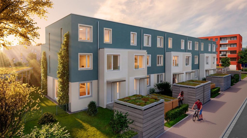Sechs Reihenhäuser mit blauer Fassade und hellen Akzenten in Fenstern.