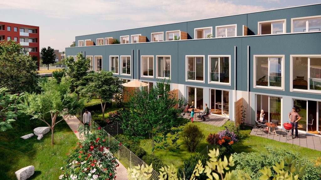 Reihenhäuser mit Dachterrasse, Garten und Terrasse. Alle Häuser haben bodentiefe Fenster.