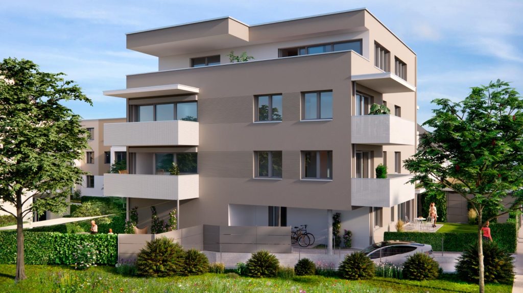 Modernes, vierstöckiges Haus mit beiger Fassade, weißen Balkonen und einer Dachterasse.