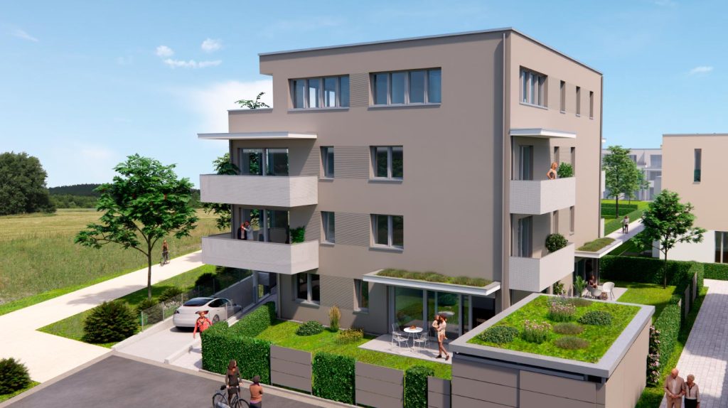 Modernes Haus mit vier Stockwerken, einer Tiefgarageneinfahrt links und beiger Fassade.